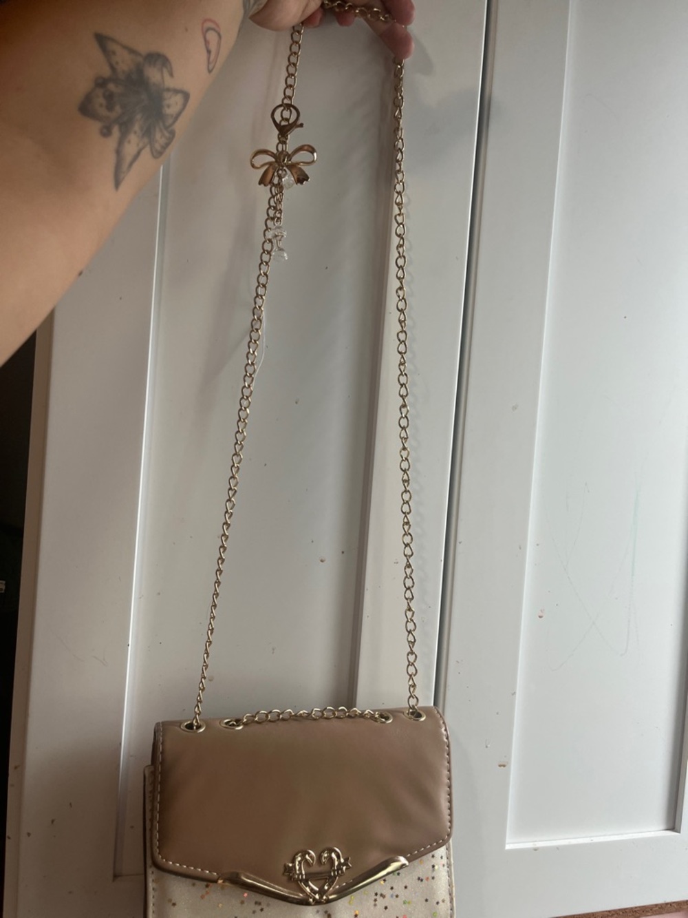 Beige and Cream Chain Shoulder Bag with Gold Accents
